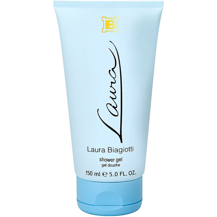 Laura Biagiotti Laura 150 ml forfriskende dusjgelé i en lyseblå tube med elegant sort skrift.