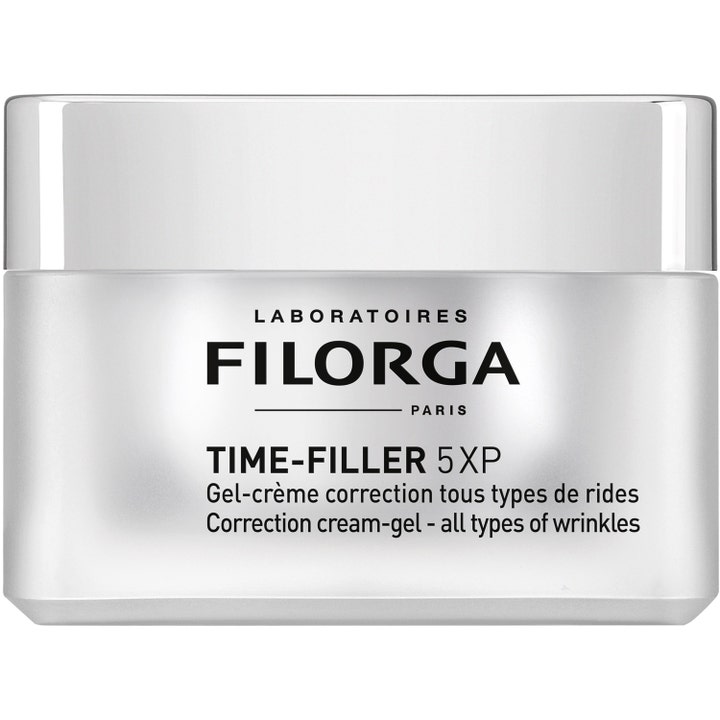 Filorga Time-Filler 5XP korrigerende rynkekrem i en stilren frostet krukke med detaljer i sølv