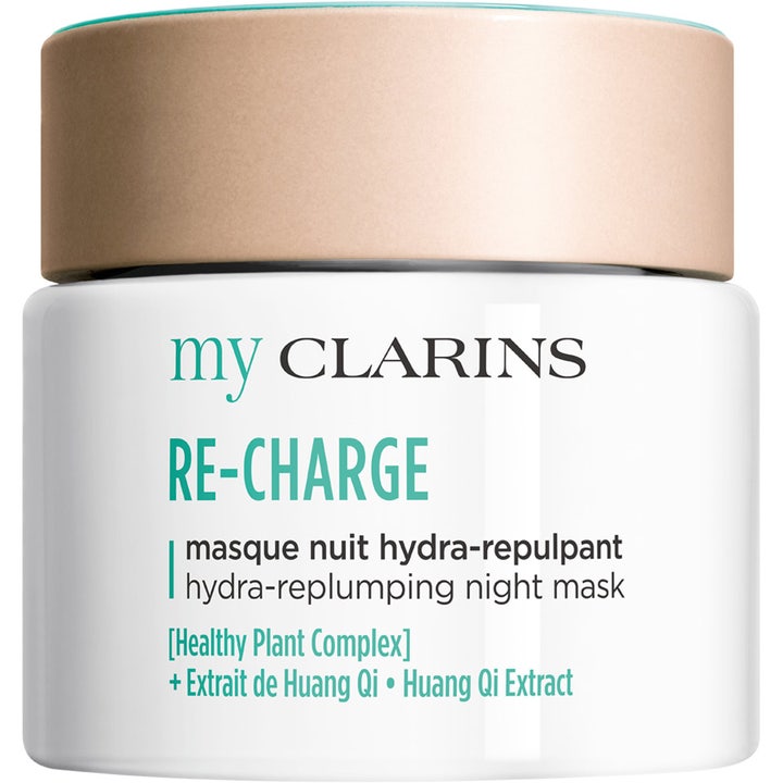 My Clarins RE-CHARGE Hydra-replumping nattmaske gir fuktighet i hvit krukke med matt beige lokk og turkis tekst