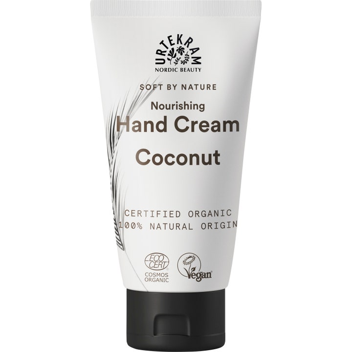 Urtekram Nourishing Hand Cream Coconut nærende håndkrem i hvit tube med sort kork og grått strådesign
