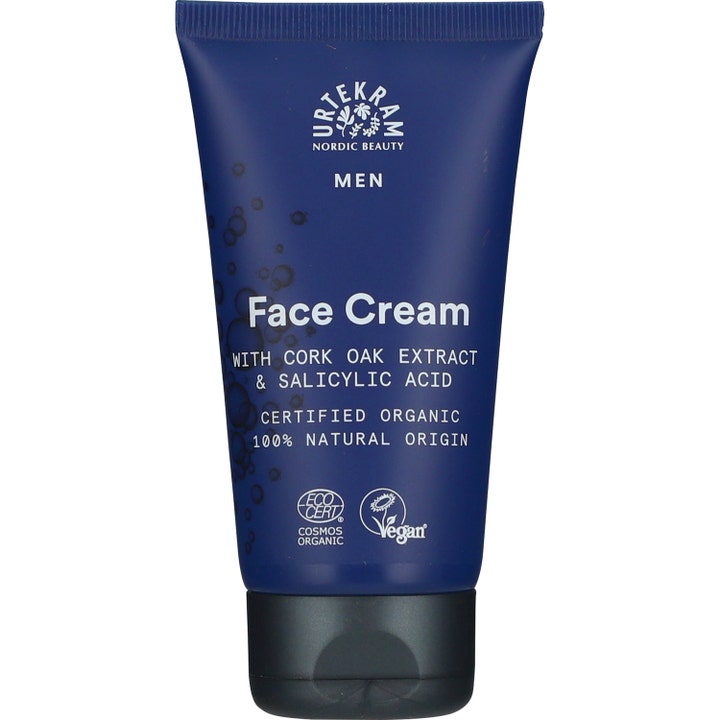 Urtekram Men Face Cream fuktighetsgivende ansiktskrem som gir renere hud i mørkeblå tube med salisylsyre og sort kork