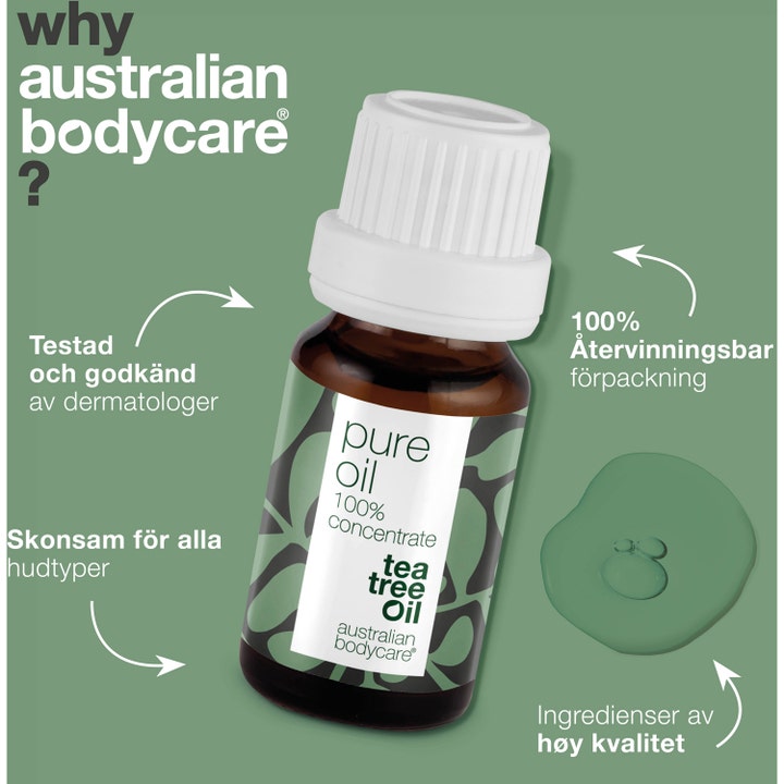 Australian Bodycare Pure Oil 10ml ansiktsolje i glassflaske med hvit kork på grønn bakgrunn med infotekst.