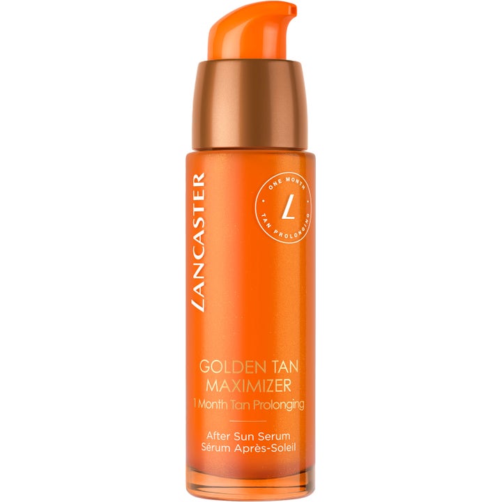 Lancaster Golden Tan Maximizer 30 ml after sun serum forlenger brunfargen i en oransje gjennomsiktig flaske med bronsepumpe