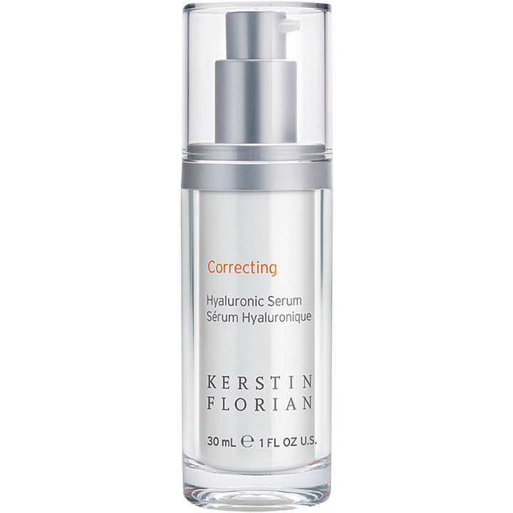 Kerstin Florian Correcting Hyaluronic Serum 30 ml fuktighetsgivende serum i hvit pumpeflaske med detaljer i sølv