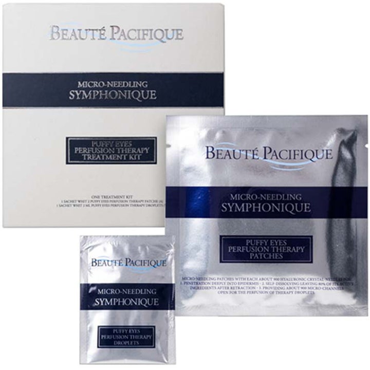Beauté Pacifique Symphonique Puffy Eyes Treatment Kit øyebehandling i hvit eske og sølvfargede poser