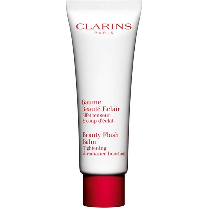 Clarins Beauty Flash Balm 50 ml oppstrammende ansiktskrem som gir glød i hvit tube med rødt lokk