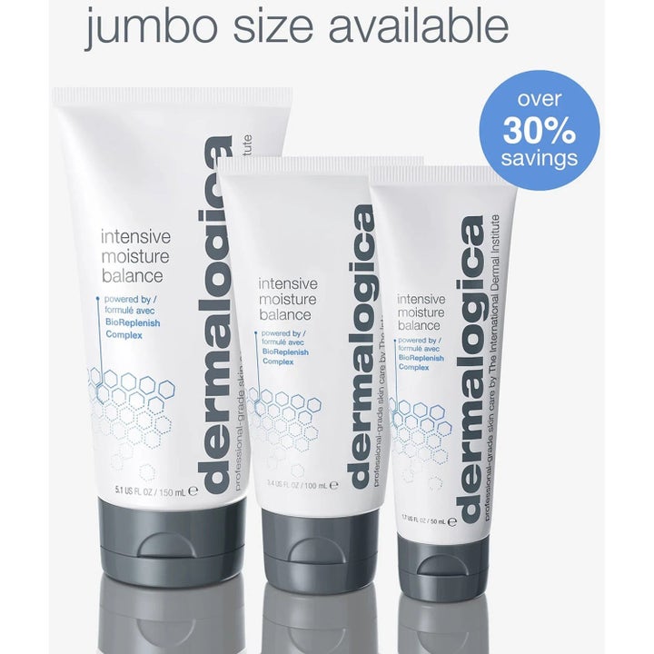 Dermalogica Intensive Moisture Balance fuktighetsgivende ansiktskrem i hvite tuber med grå korker jumbo size tilgjengelig
