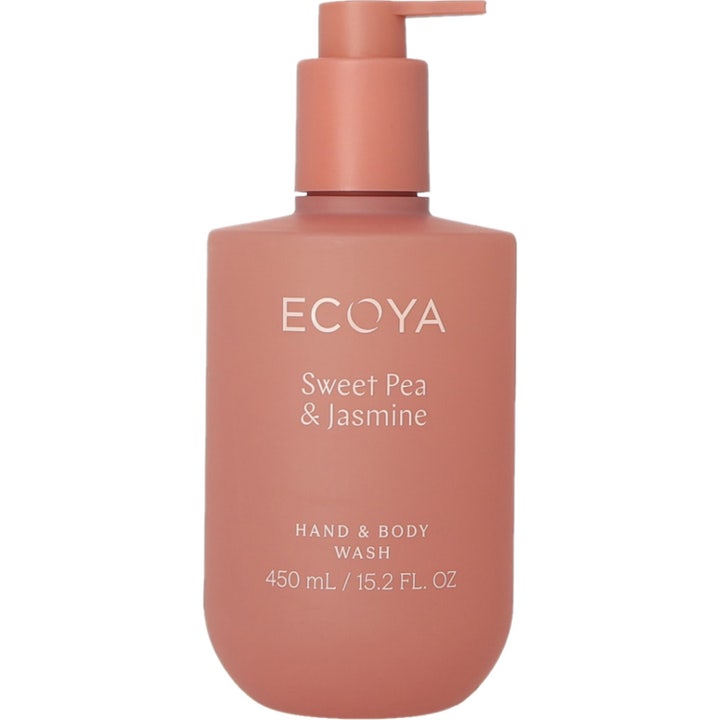 Ecoya Sweet Pea & Jasmine Hand & Body Wash 450 ml rengjørende kroppssåpe i en matt ferskenfarget flaske med pumpe.