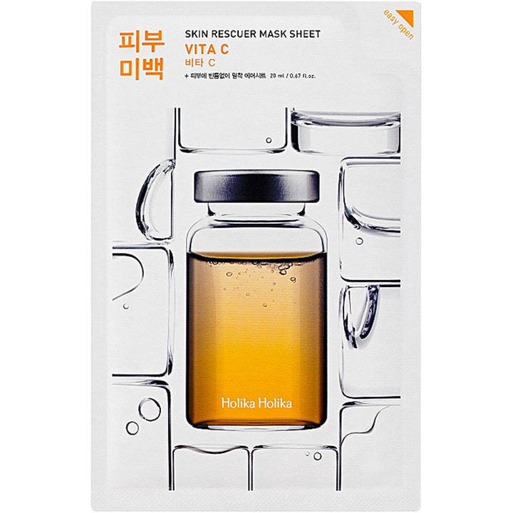Holika Holika Skin Rescuer Mask Sheet Vita C 20 ml ansiktsmaske gir glød i hvit pakning med illustrert gul glassampulle