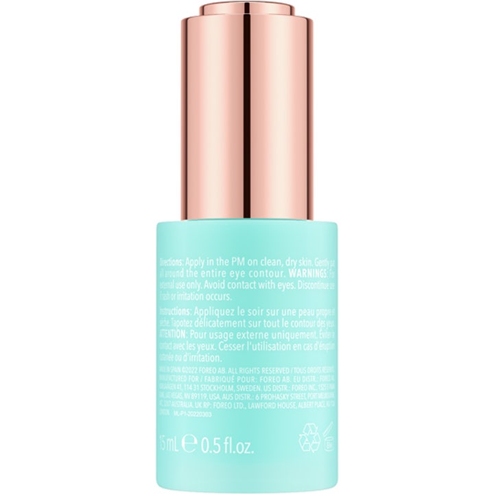 FOREO IRIS Firming PM Eye Serum 15 ml oppstrammende øyeserum i en mintgrønn flaske med rosegullfarget skrukork