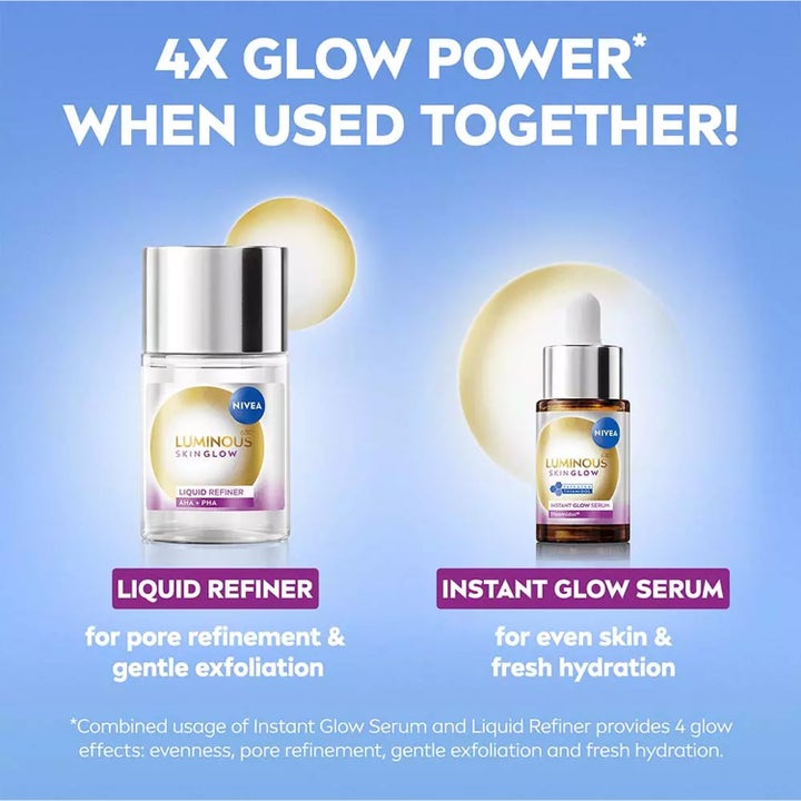 NIVEA Luminous630 Skin Glow 15 ml ansiktsserum og Liquid Refiner som gir huden glød og fukt.