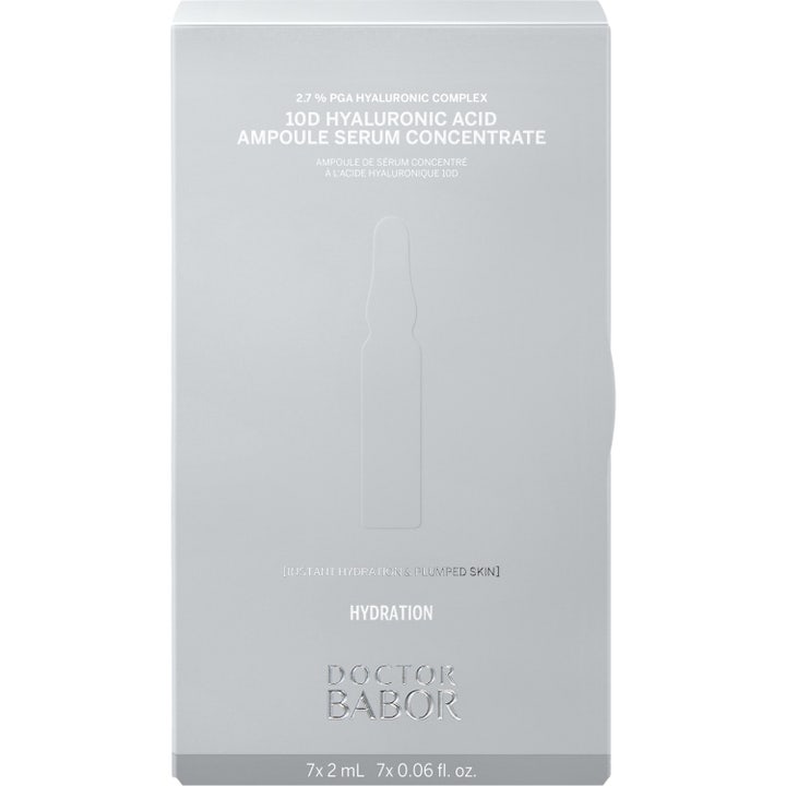 Doctor Babor Hyaluronic Acid 2 ml fuktighetsgivende ampulle i glass med klar væske og sort tekst