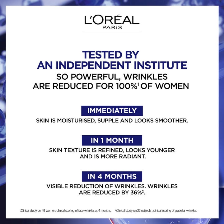 L'Oréal Paris Laser Pure Retinol Night Serum viser testresultater for rynkereduksjon og glattere hud over tid.
