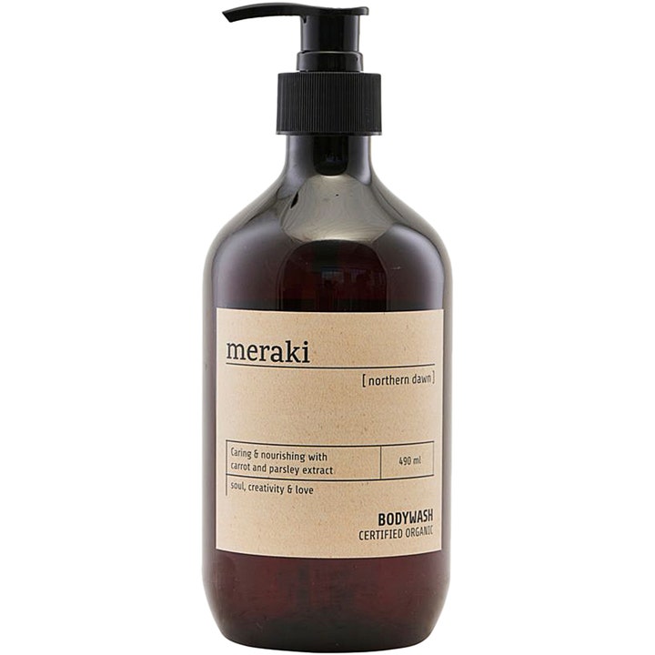 Meraki Northern Dawn Bodywash 490 ml pleiende kroppssåpe i mørk brun flaske med sort pumpe og beige papiretikett