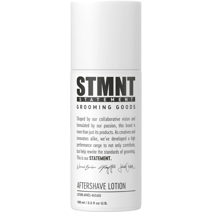 STMNT Aftershave Lotion 100 ml beroligende pleie i en minimalistisk hvit sylindrisk flaske med svart tekst