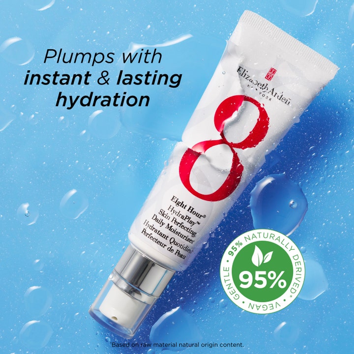 Elizabeth Arden Eight Hour Hydraplay 45 ml fuktighetskrem i tube på blå bakgrunn med vanndråper