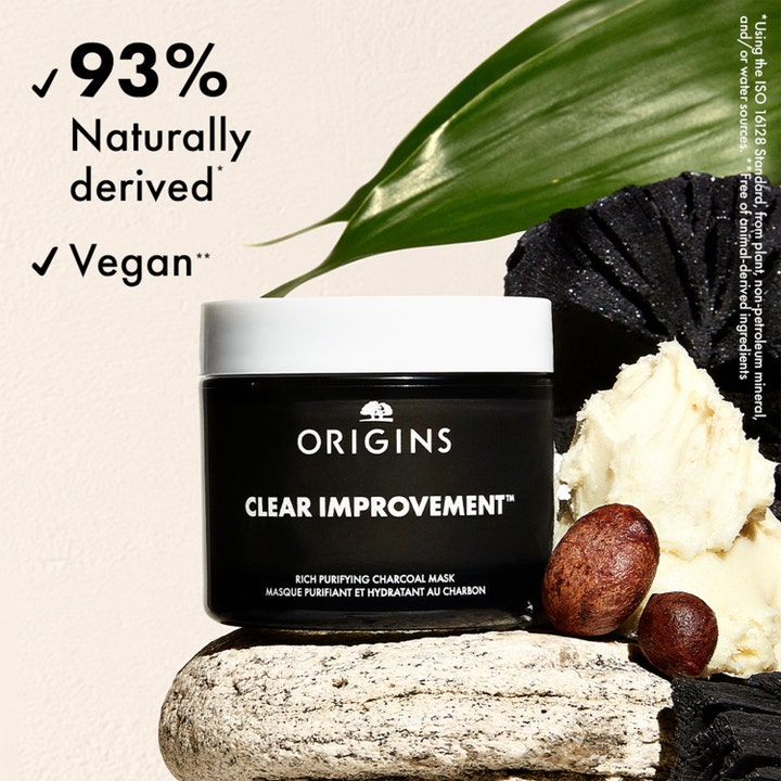 Origins Clear Improvement Rich Purifying Charcoal Mask 30 ml vegansk ansiktsmaske i svart krukke med kull og blader
