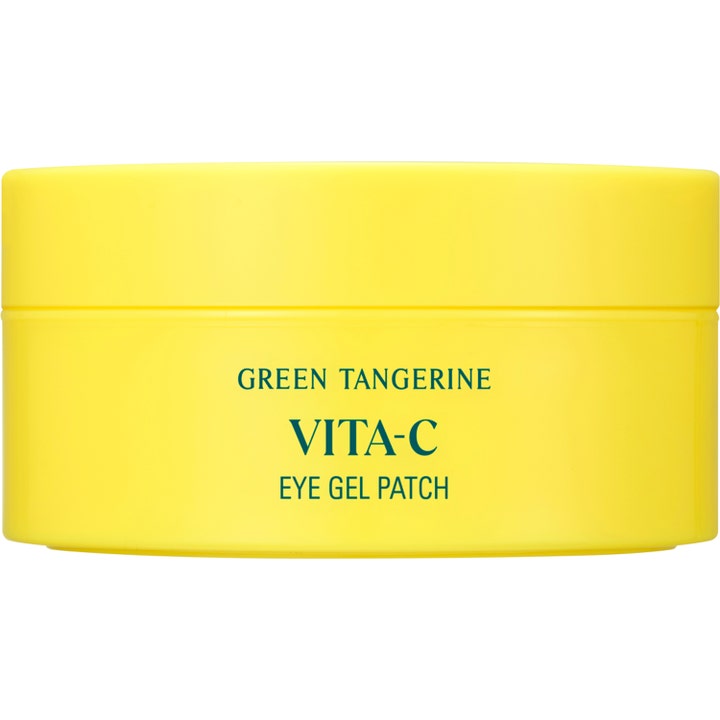 Goodal Green Tangerine Vita-C Eye Gel Patch 60 stk oppfriskende øyemasker som gir glød i gul krukke med grønn tekst.