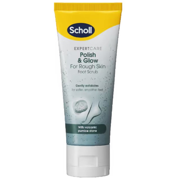 Scholl ExpertCare Polish & Glow eksfolierende fotskrubb for myke føtter i hvit og gul tube med hvit kork.