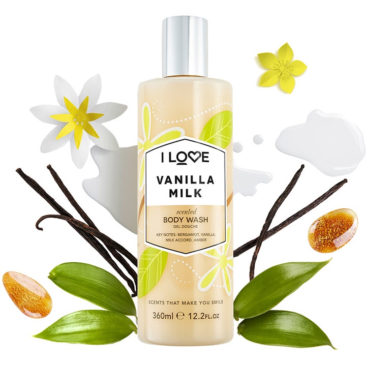 I LOVE Vanilla Milk 360 ml velduftende dusjgelé i flaske med sølvkork dekorert med vaniljestenger og melkesprut.