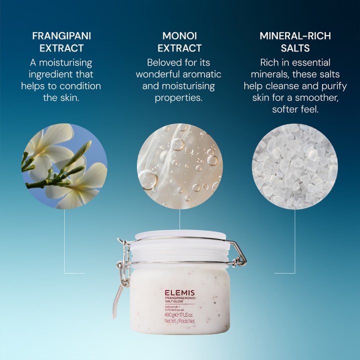 Elemis Frangipani Monoi Salt Glow 490 g eksfolierende kroppsskrubb i krukke med mineralsalt og frangipaniblomster