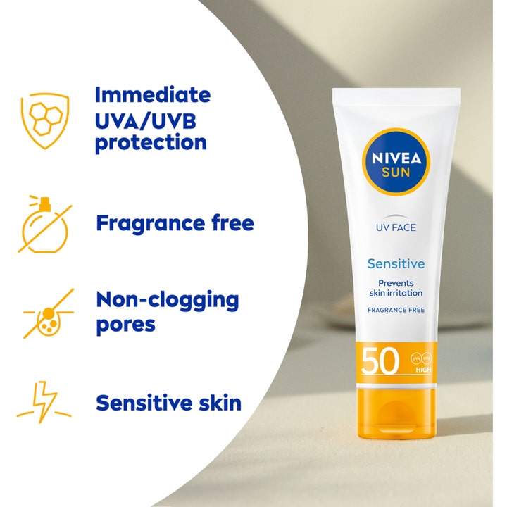 NIVEA UV Face Sensitive 50 ml solkrem for ansiktet i hvit tube som gir umiddelbar beskyttelse uten parfyme.