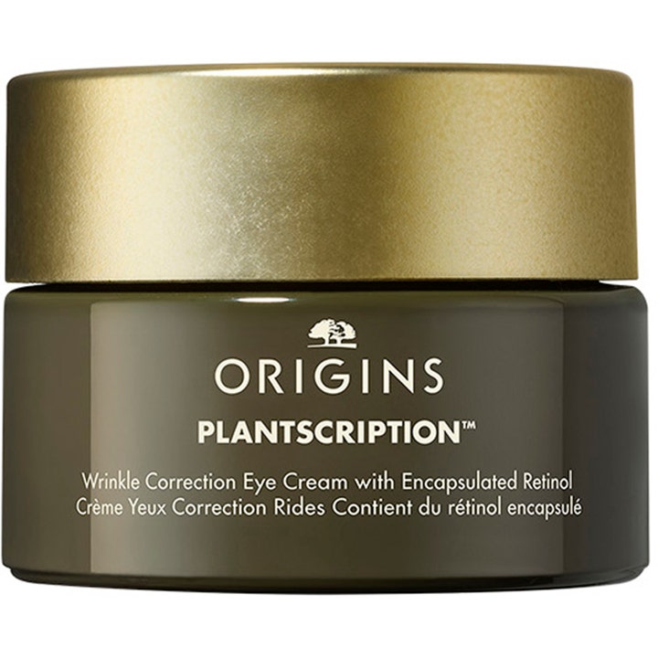 Origins Plantscription Wrinkle Correction Eye Cream 15 ml mot rynker i mørkegrønn glasskrukke med gullokk.