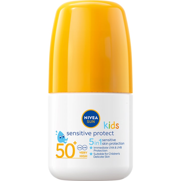 Nivea Sun Kids Sensitive Protect 50 ml roll-on solkrem med SPF 50 i hvit flaske med gult lokk.