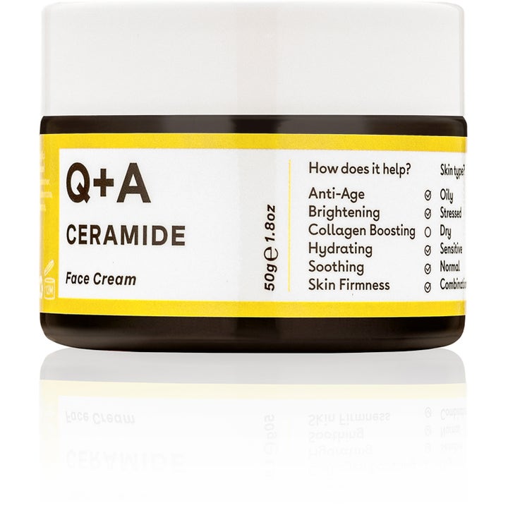 Q+A Ceramide Face Cream 50g beroligende ansiktskrem i brun glasskrukke med gul og hvit etikett
