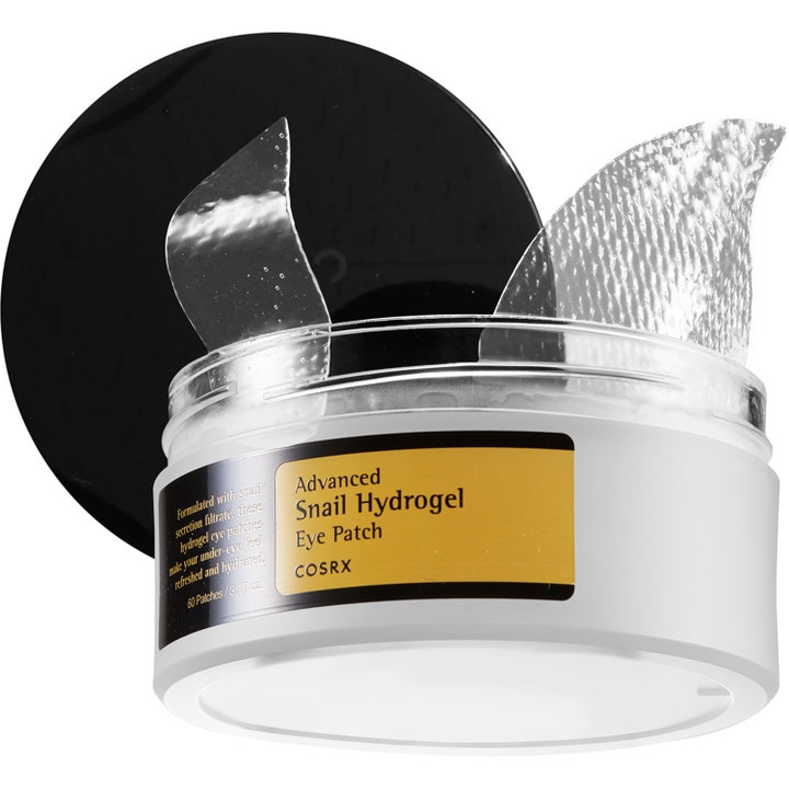 COSRX Advanced Snail Hydrogel Eye Patches 60 stk fuktighetsgivende øyepatcher i hvit krukke med klare gelpatcher