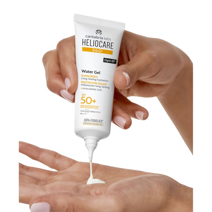 Heliocare 360 Watergel 50 ml fuktighetsgivende solkrem i hvit tube og eske med SPF 50 og Fernblock teknologi