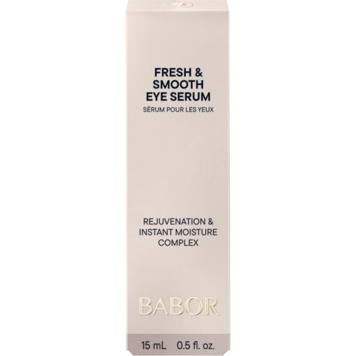 Babor Fresh & Smooth Eye Serum 15 ml fuktighetsgivende øyeserum for tørr hud i hvit ytteremballasje.