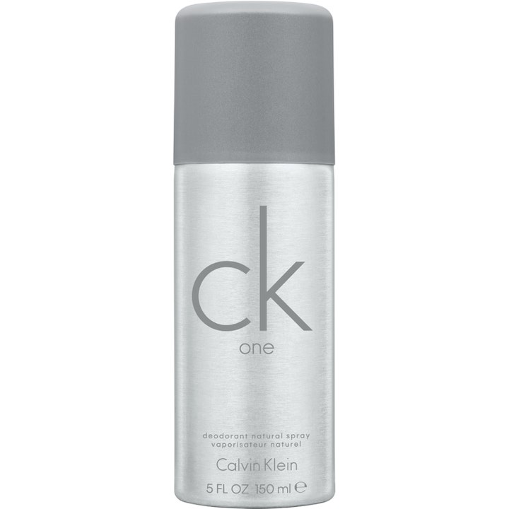 Calvin Klein CK One 150 ml deodorant natural spray gir friskhet i en minimalistisk sølvfarget boks med grått lokk.