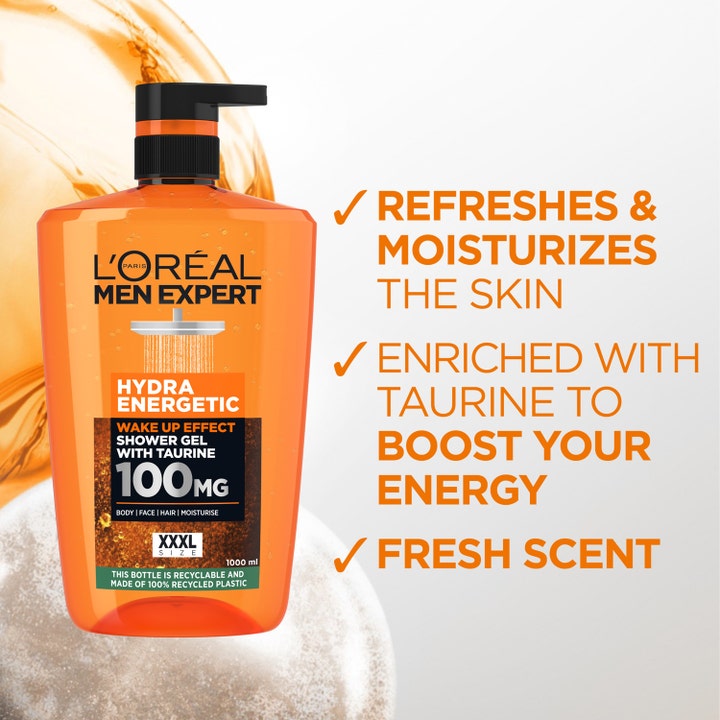 L'Oréal Paris Men Expert Hydra Energetic 1000 ml dusjsåpe med taurin i oransje XXXL pumpeflaske som gir ny energi