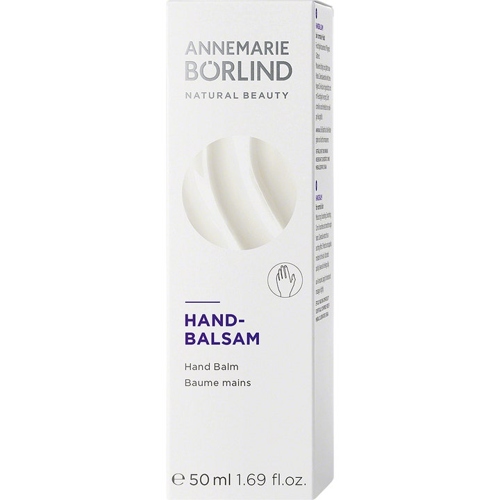 Annemarie Börlind Hand Balm 50 ml pleiende håndkrem i hvit eske med lilla tekst og et sirkulært motiv