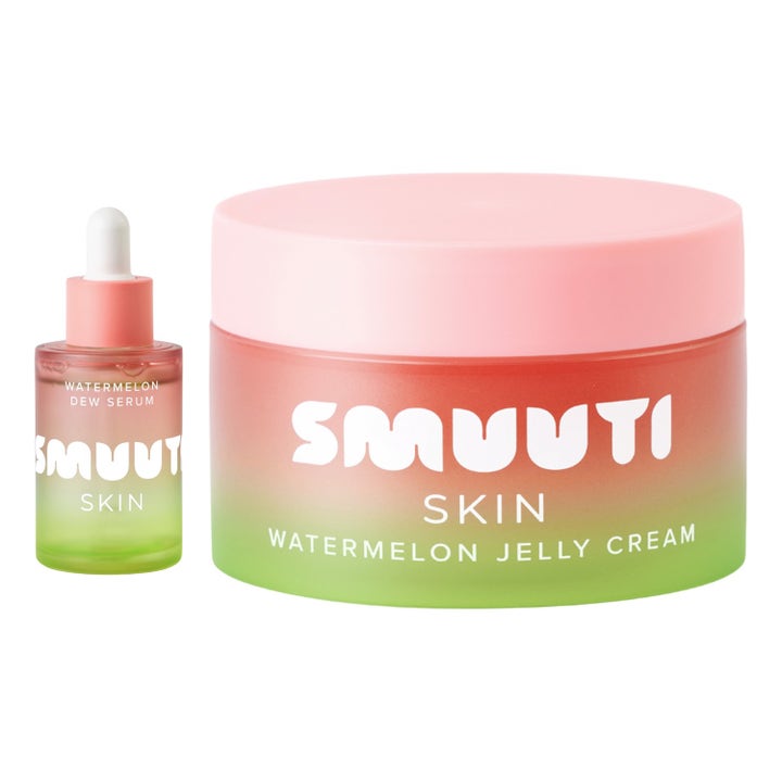 Smuuti Skin Watermelon Jelly Cream og Dew Serum fuktgivende duo i rosa og grønn frostet glasskrukke og flaske