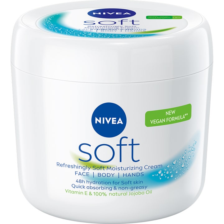 NIVEA Soft 500 ml fuktighetskrem gir myk hud i hvit krukke med vegansk formel og jojobaolje.