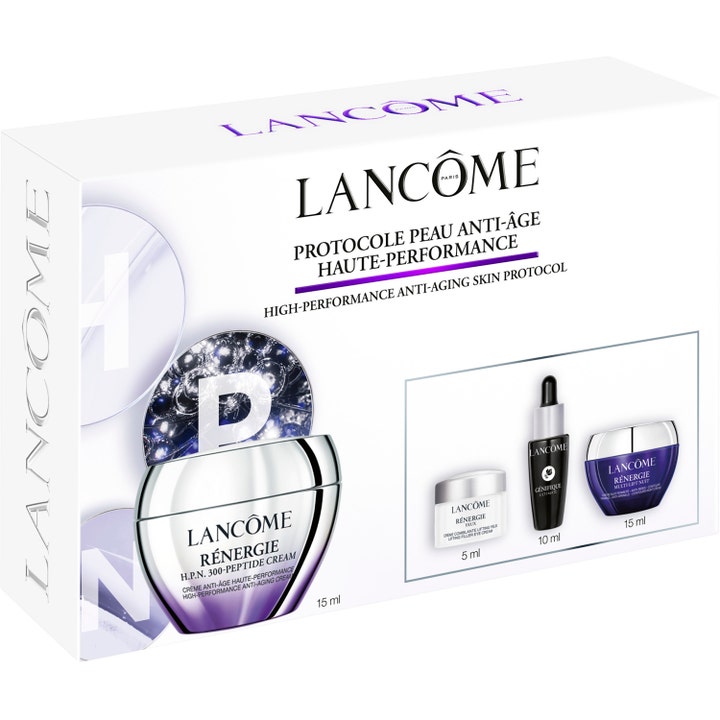 Lancôme Rénergie Starter Kit Set 2025 1 stk anti-aging hudpleiesett i hvit eske med lilla og sølv krukker