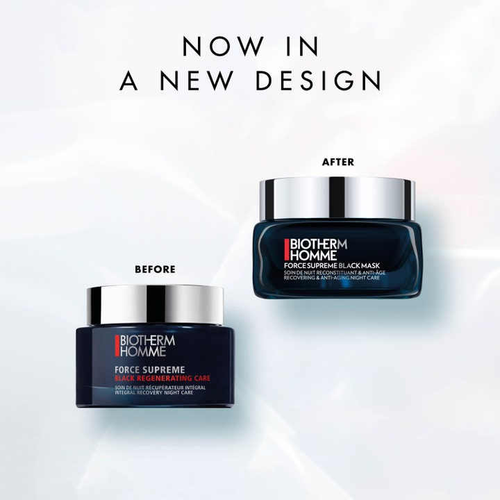 Biotherm Homme Force Supreme Black Mask 50 ml nattmaske i mørkeblå krukke med nytt og gammelt design