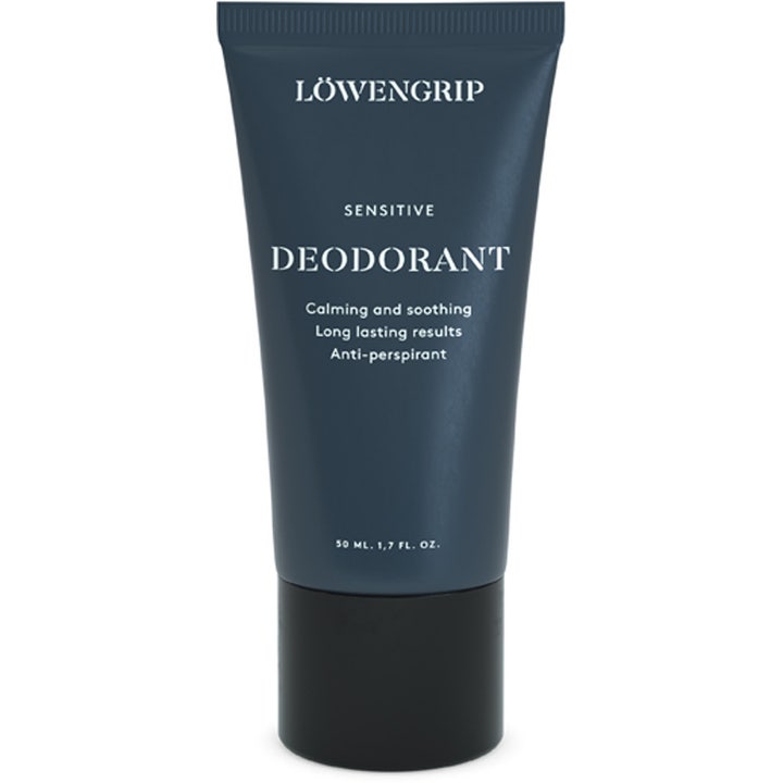Löwengrip Sensitive Deodorant 50 ml beroligende antiperspirant i mørkeblå tube med sort skrukork og hvit tekst