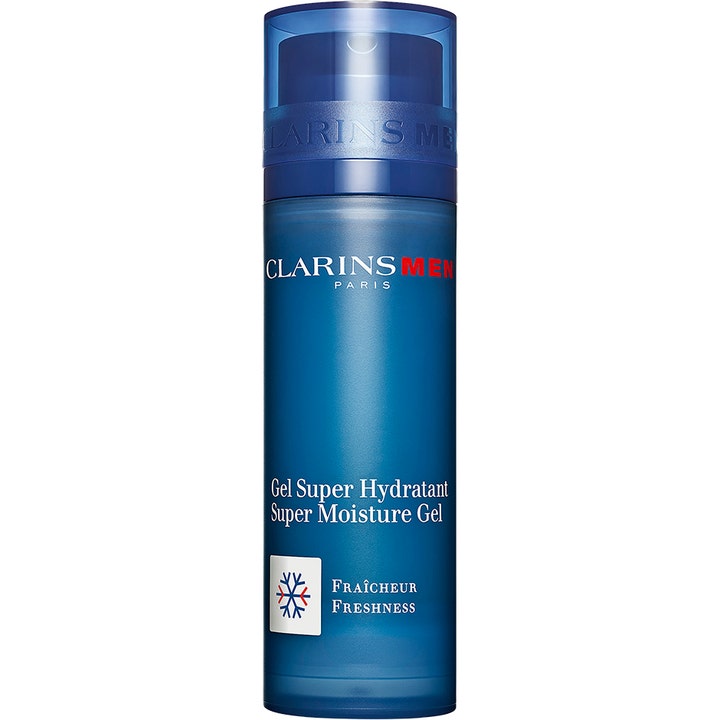 ClarinsMen Super Moisture Gel 50 ml fuktighetsgivende ansiktsgel som gir friskhet i en dypblå frostet pumpeflaske