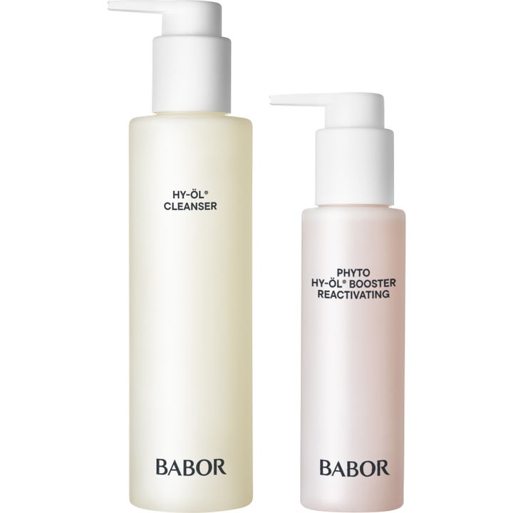 Babor HY-ÖL Cleanser og Phyto HY-ÖL Booster Reactivating rensesett gir glød i frostede pumpeflasker med gul og rosa olje