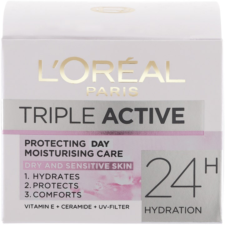 L'Oréal Paris Triple Active Day Cream dagkrem med vitamin E som fukter tørr hud i hvit eske med gulldetaljer