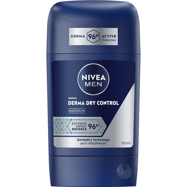 Nivea Men Derma Dry Control 50 ml anti-perspirant gir 96 timers beskyttelse i en mørkeblå hylse med sølvdetaljer.