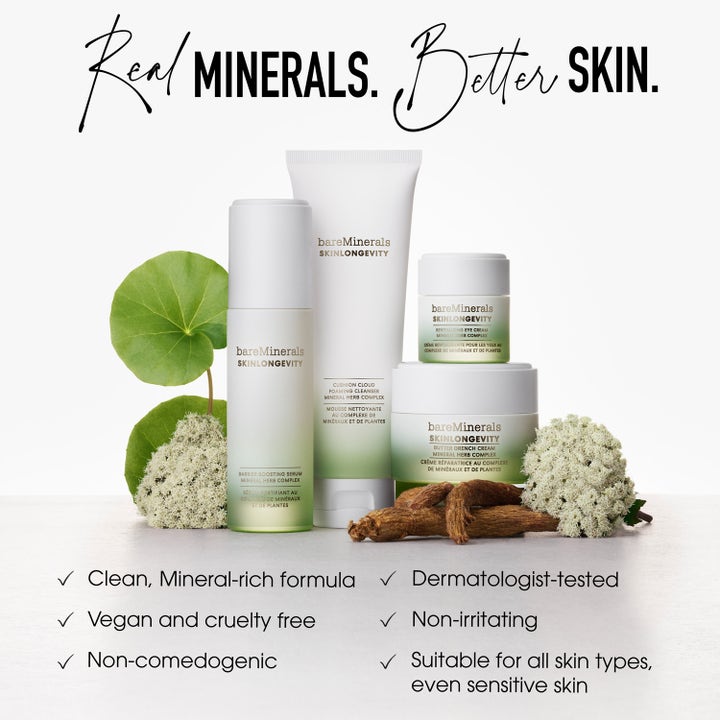 bareMinerals Skinlongevity Barrier Boosting Serum 50 ml vegansk ansiktsserum i hvit pumpeflaske omgitt av grønne blader