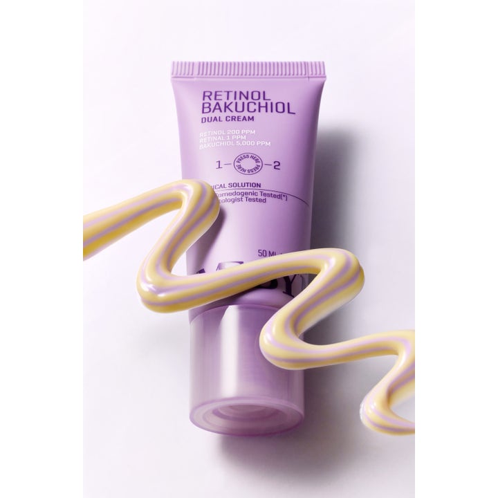 Some By Mi Retinol Bakuchiol Dual Cream 50 ml nattkrem i lilla tube med en tofarget gul og lilla krembølge.