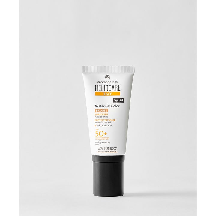 Heliocare Water Gel Color Bronze 50 ml solkrem for ansiktet i hvit tube med svart lokk og oransje detaljer.