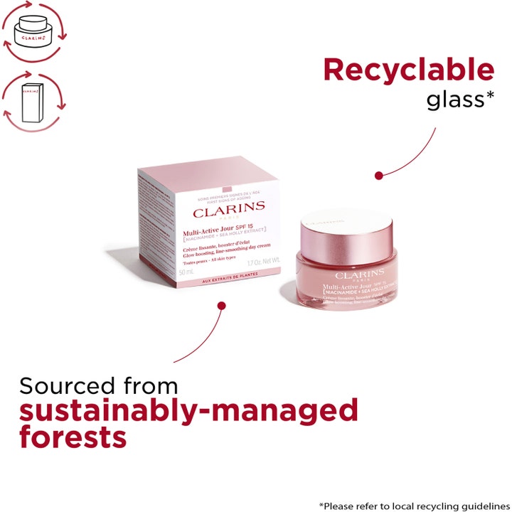 Clarins Multi-Active Jour 50 ml utjevnende dagkrem SPF15 i rosa glasskrukke av resirkulerbart glass.