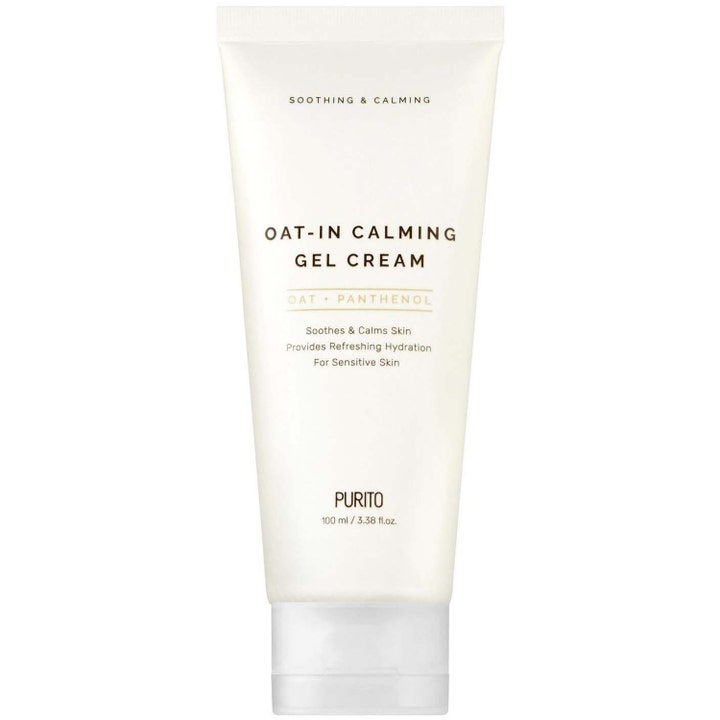 Purito Oat-In Calming Gel Cream 100 ml beroligende ansiktskrem med havre og panthenol i en hvit tube for sensitiv hud.