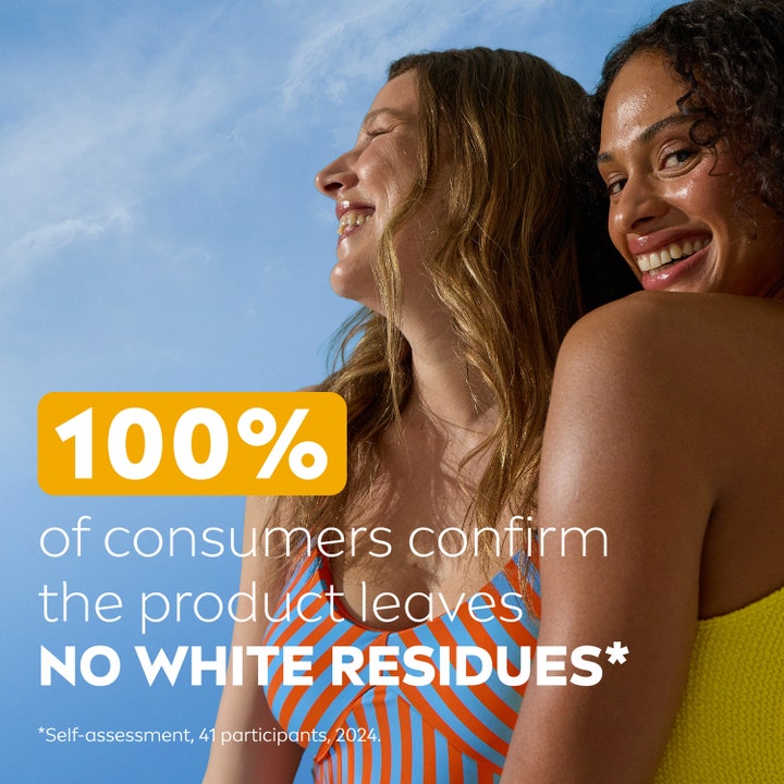 NIVEA Sun Protect & Moisture 150 ml solkrem gir usynlig finish uten hvite merker vist på to smilende kvinner.